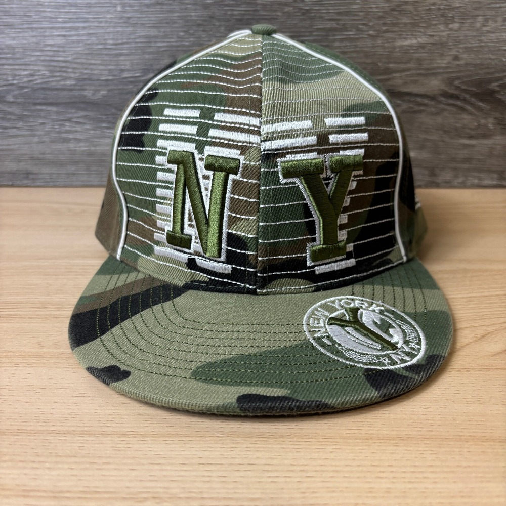New York‎ Hat Cap Fitted 7 3/8 Green Camo Camouflage Embroidered NY